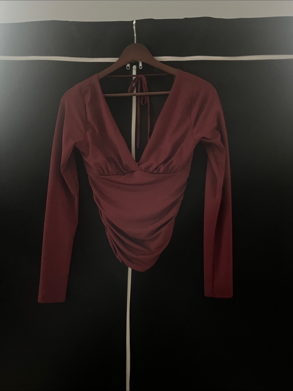 gaze Long Sleeve Deep V Ruched Wine Top